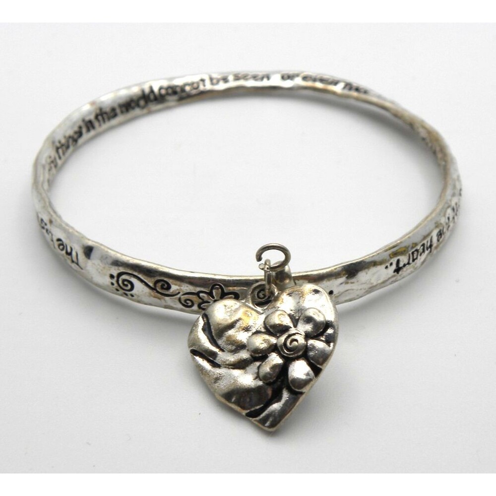 Vintage Inspirational Bangle Bracelet Heart Charm Engraved Silver Tone Whimsical